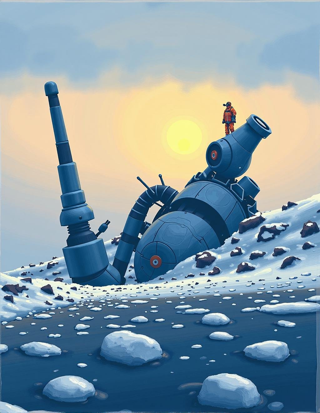 Simon Stalenhag Style,  A desolate road winding through the frozen tundra,  where an enormous robotic construct lies colla...
