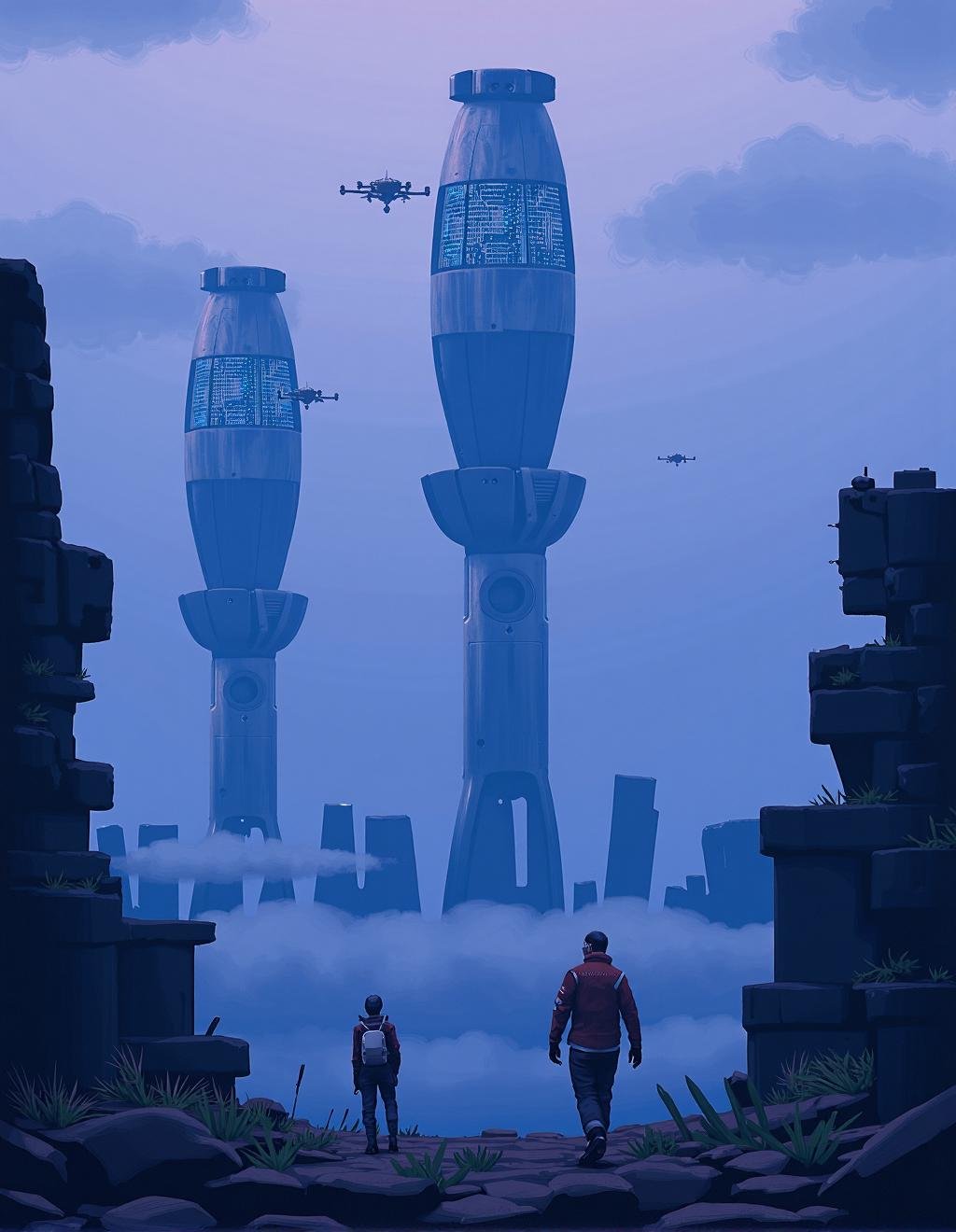 Simon Stalenhag Style,  A deep,  mist-covered valley where ancient ruins and high-tech machinery coexist. Gigantic metalli...