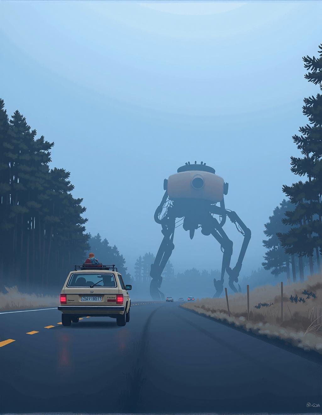 Simon Stalenhag Style,  A foggy highway cutting through the Scandinavian wilderness,  where an old station wagon with a lu...
