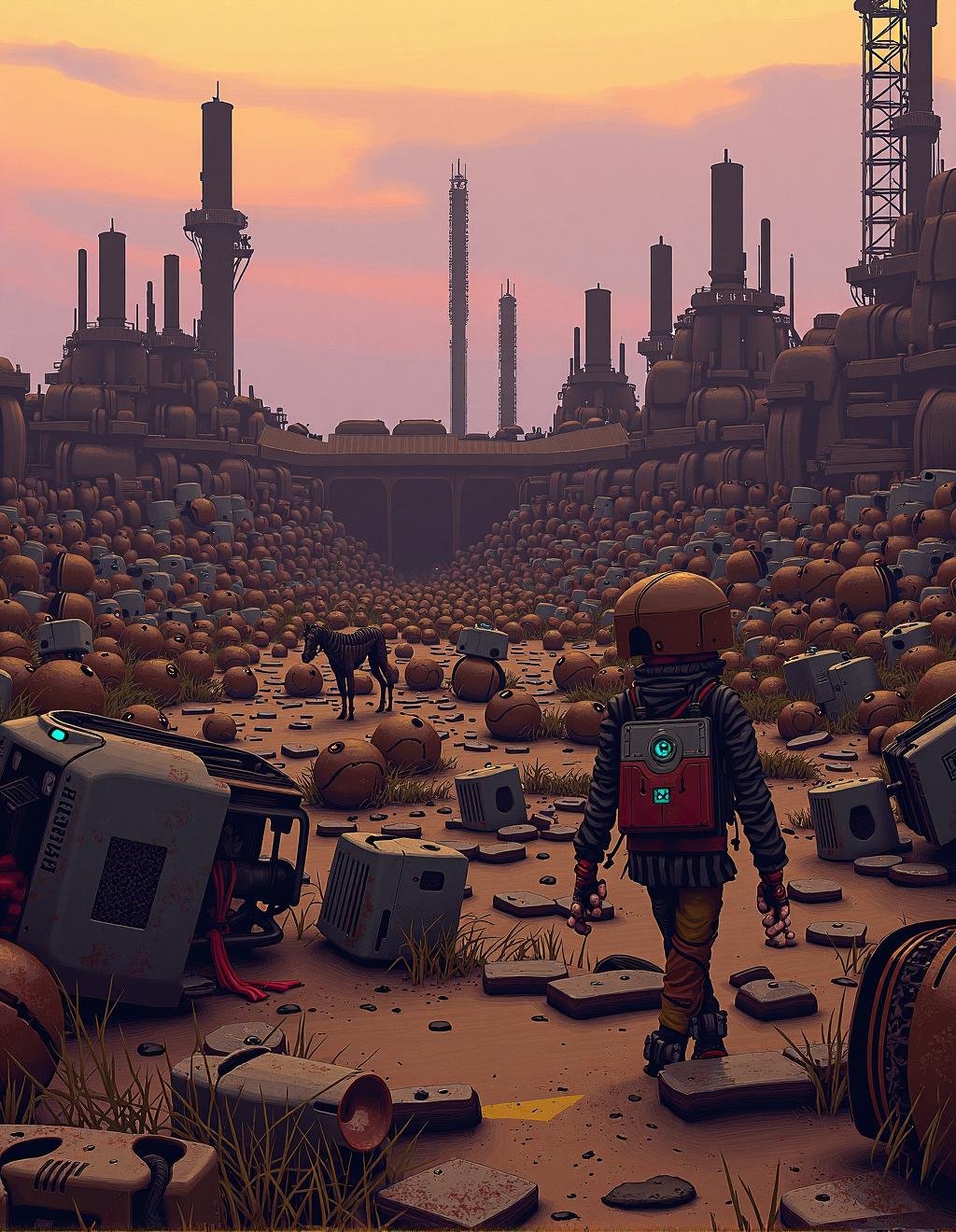 Simon Stalenhag Style,  A sprawling junkyard at the edge of an industrial city,  filled with discarded robots and obsolete...