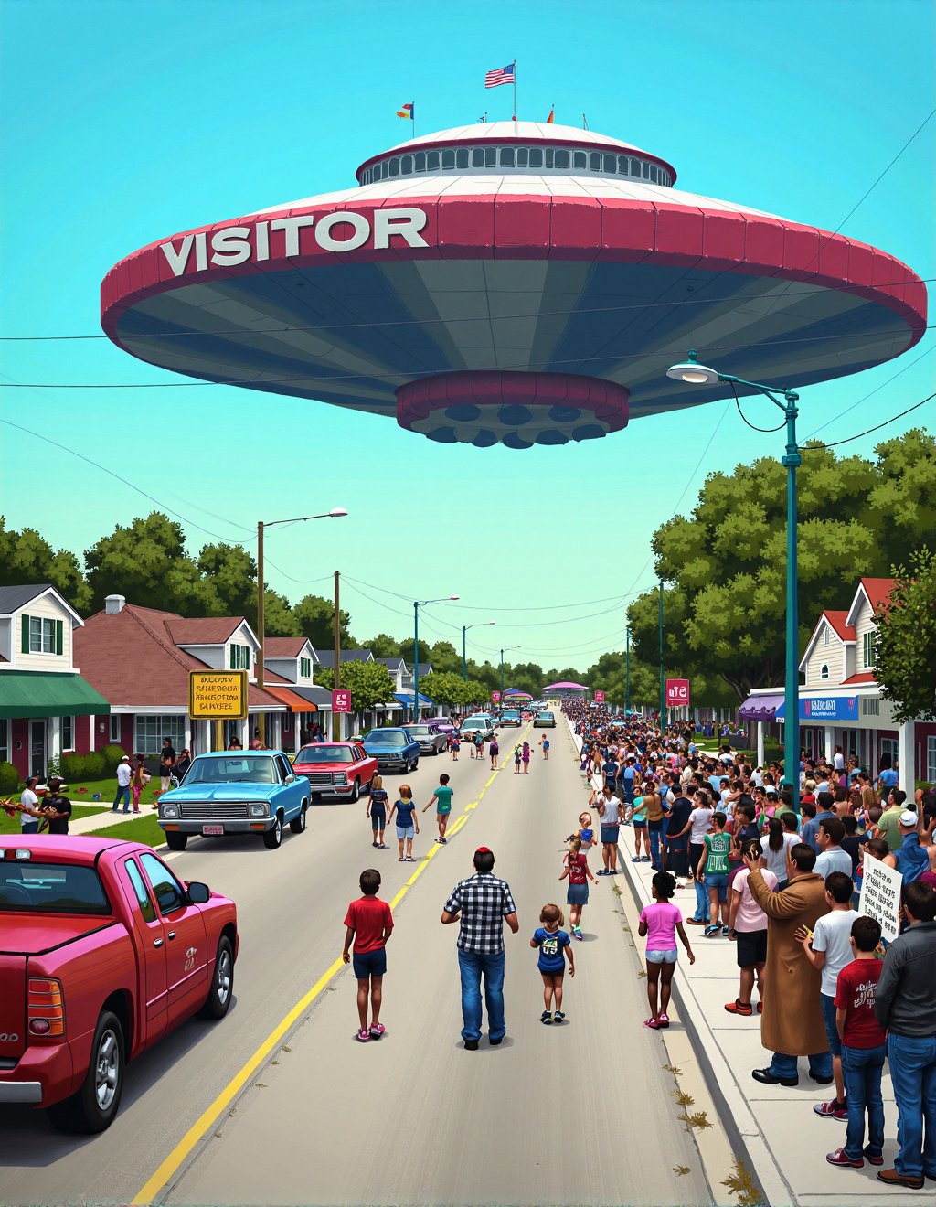 Simon Stalenhag Style,  A small-town parade continues despite the miles-wide spacecraft that has hovered silently above th...