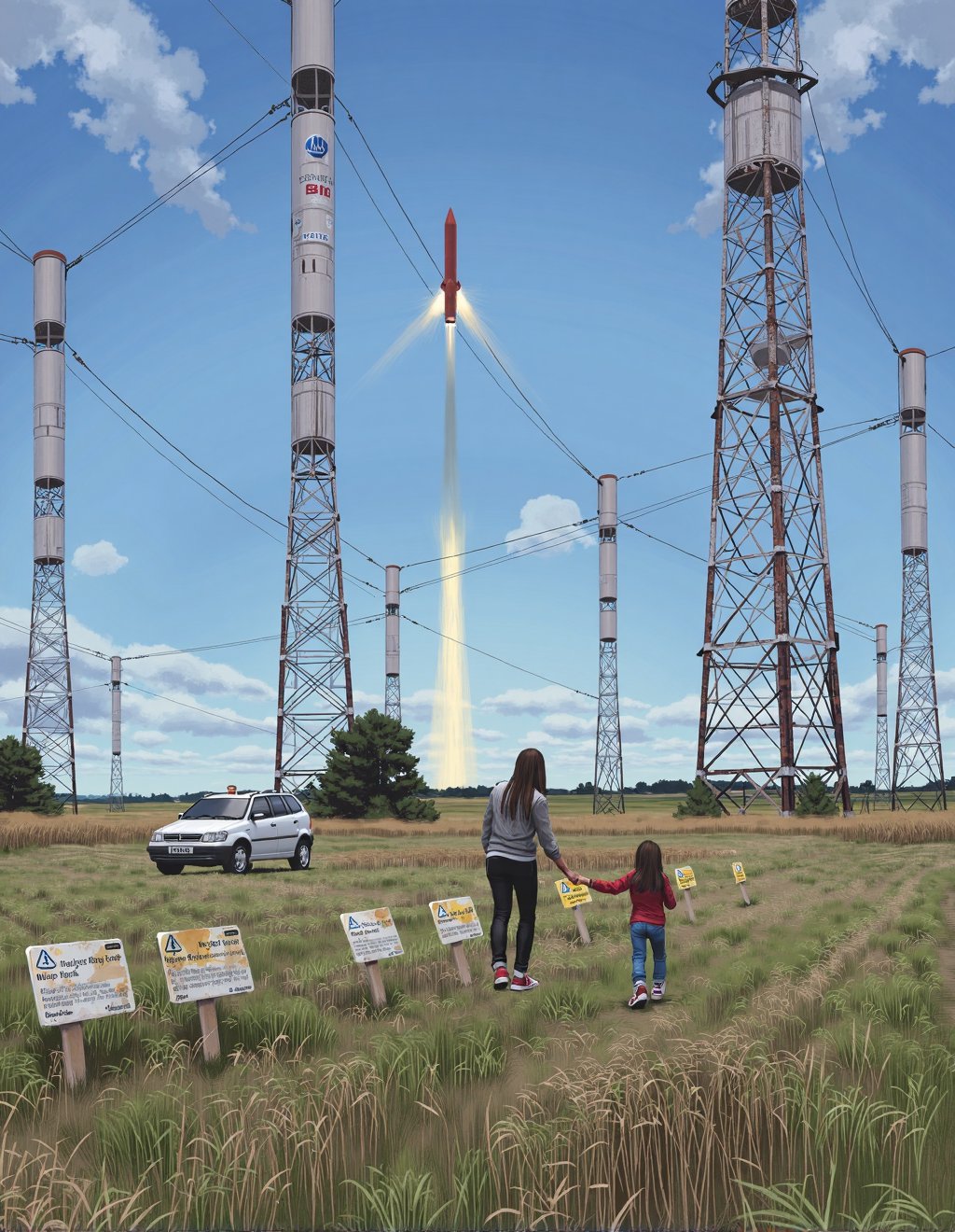 Simon Stalenhag Style,  A mother and daughter launch a model rocket in a field where massive experimental pylons rise hund...
