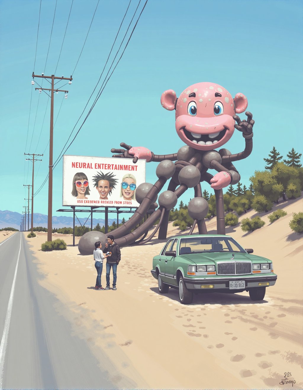 Simon Stalenhag Style,  theelectricstate,  An enormous derelict robot entertainment mascot lies half-buried in desert sand...