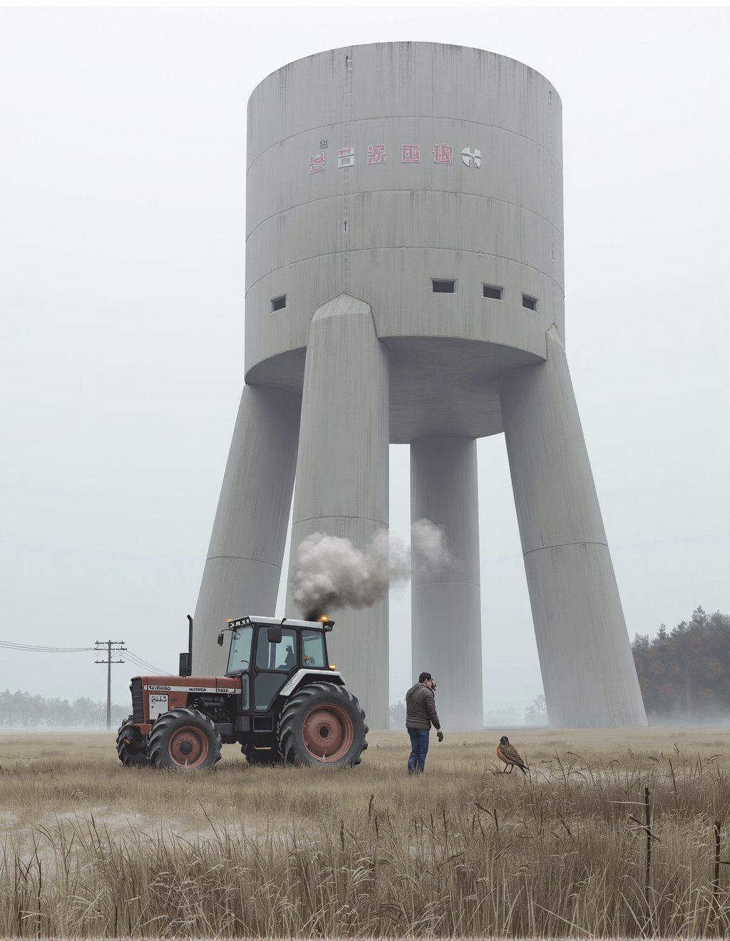 Simon Stalenhag Style,  An enormous walking cooling tower lumbers across a misty Swedish field at dawn. Its concrete legs...