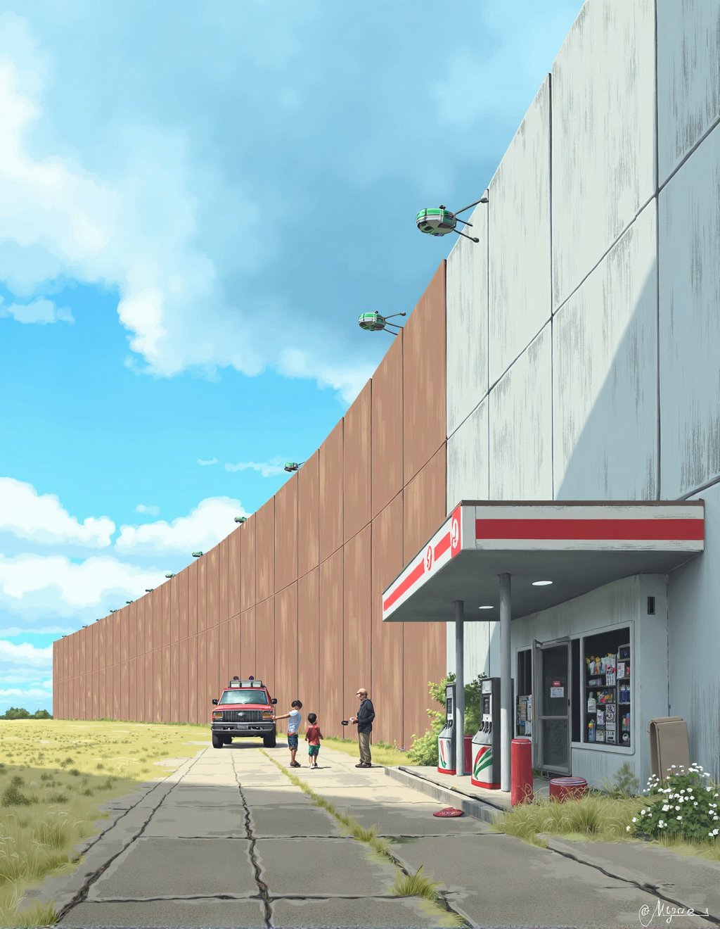 Simon Stalenhag Style,  An enormous wall stretches across the horizon,  dividing the landscape with its weathered concrete...
