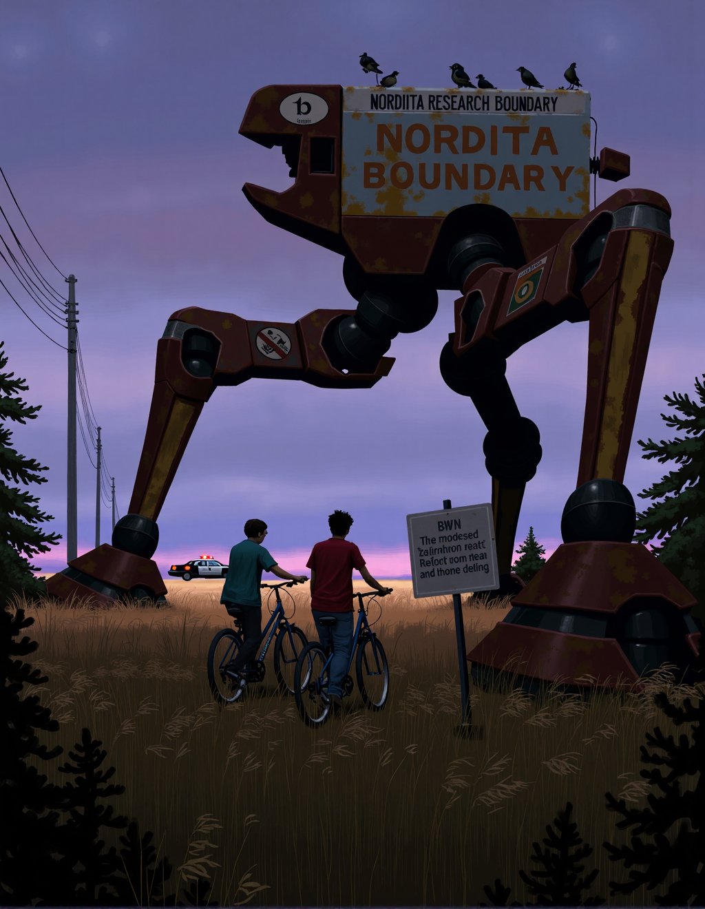 Simon Stalenhag Style,  talesfromtheloop,  Two teenagers on bicycles observe a massive bipedal robot tending to wheat fiel...