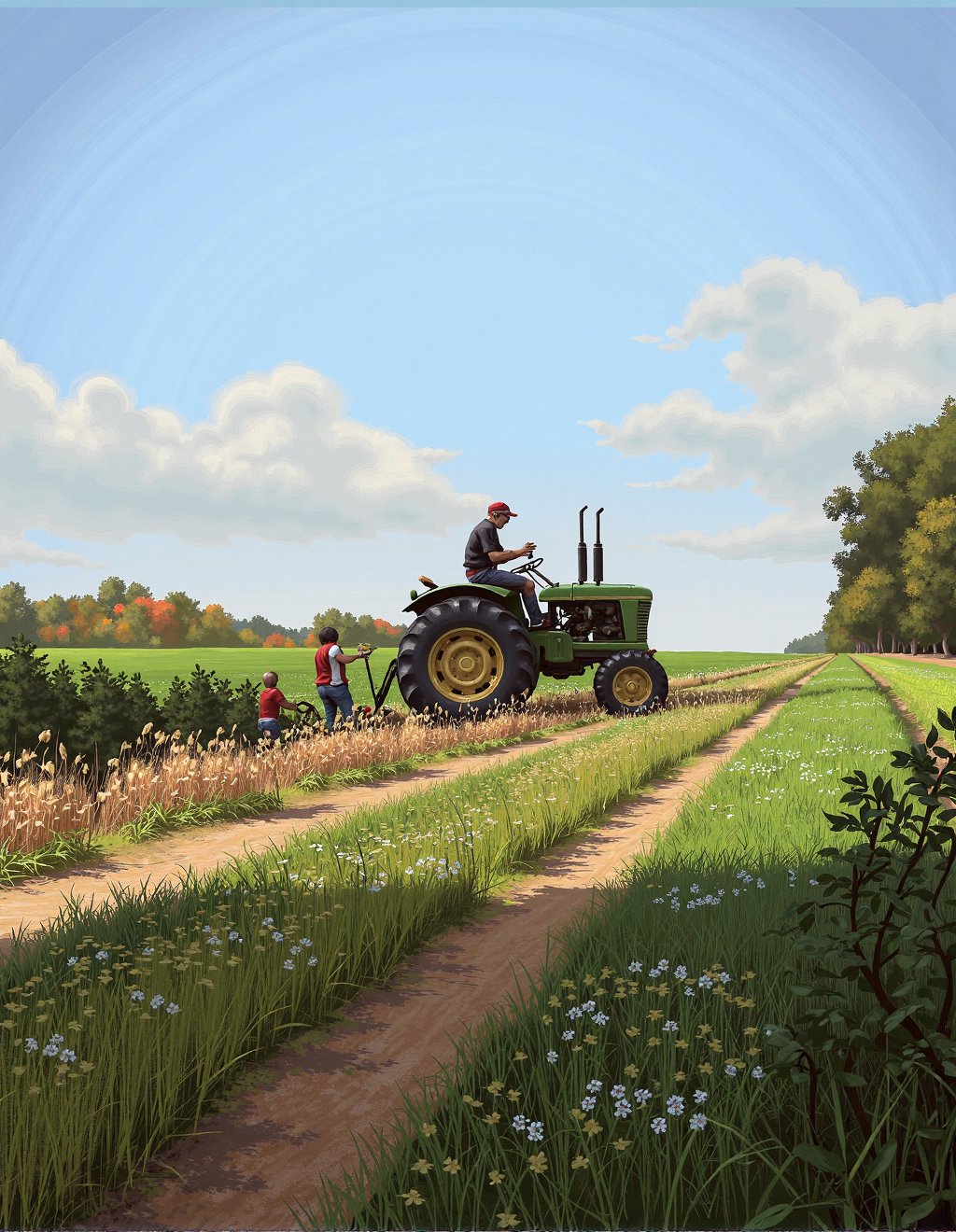 Simon Stalenhag Style,  An elderly farmer repairs his tractor in a field where reality has developed a permanent malfuncti...