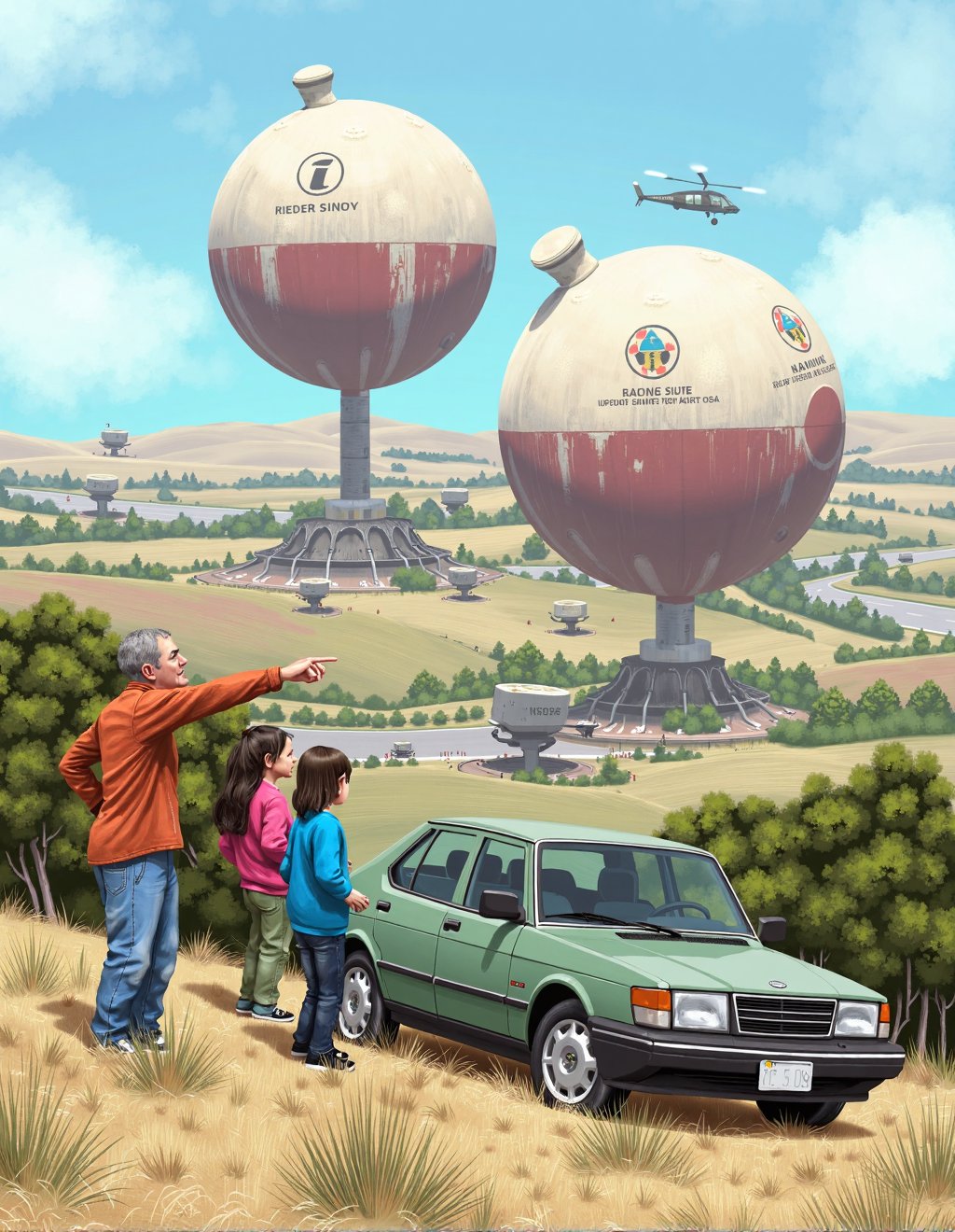 Simon Stalenhag Style,  A family picnics beside their 1990s Saab on a hilltop overlooking a valley where giant spherical t...