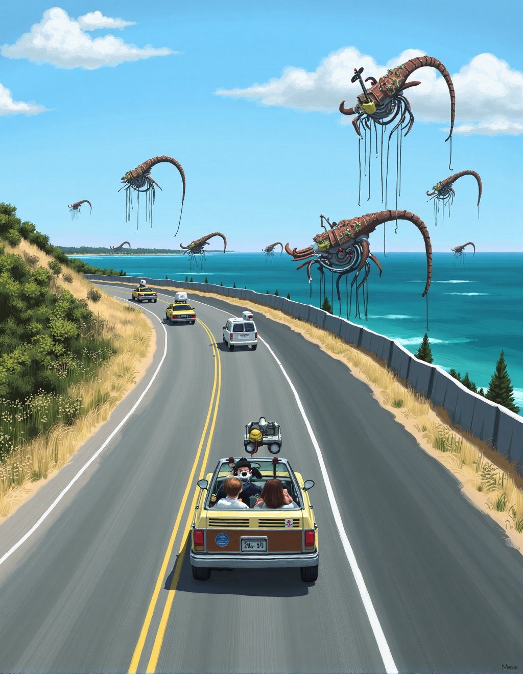 Simon Stalenhag Style,  A family in a station wagon drives along a coastal highway where enormous sea walls protect agains...