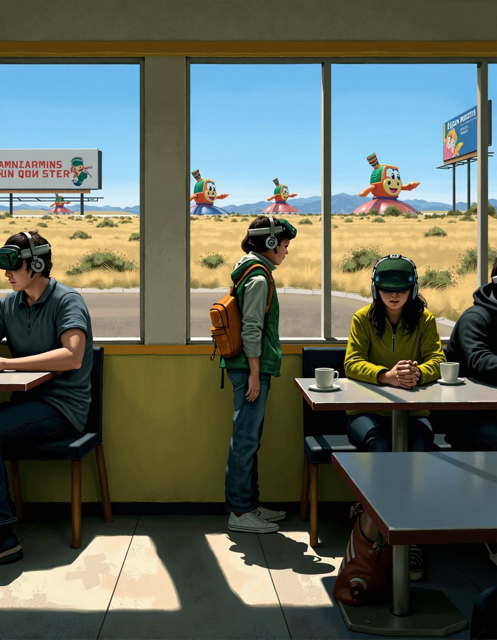 Simon Stalenhag Style,  theelectricstate,  Morning sunlight illuminates a roadside diner where patrons sit motionless with...