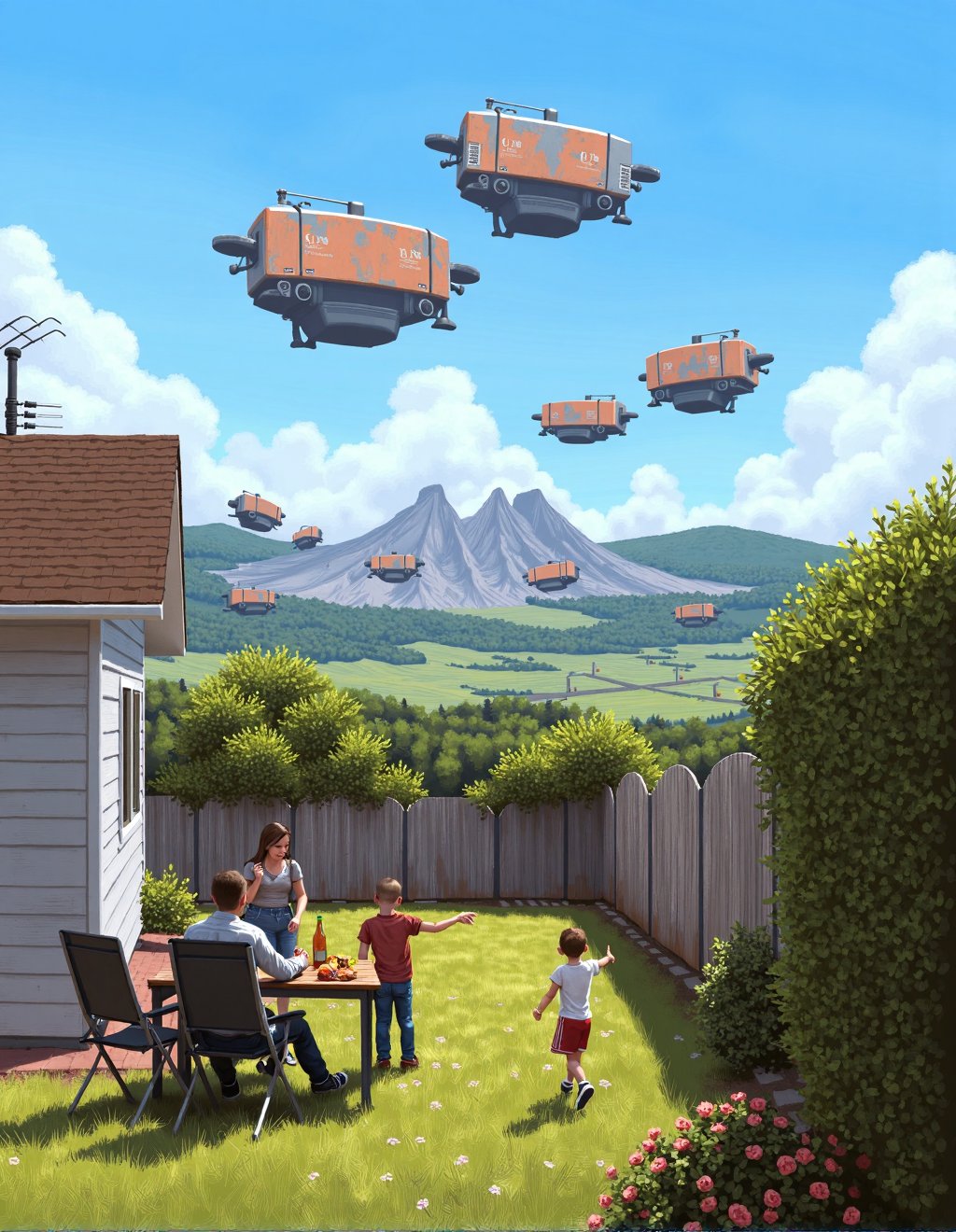 Simon Stalenhag Style,  A family barbecues in their backyard while a convoy of hovering cargo platforms passes silently ov...
