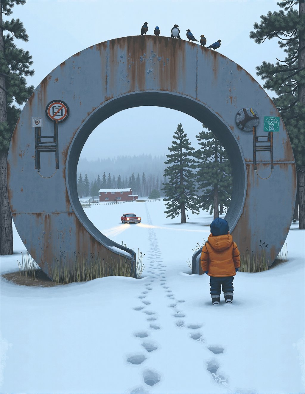 Simon Stalenhag Style,  talesfromtheloop,  Morning mist hangs over a snowy Swedish forest where a child in a bright orange...