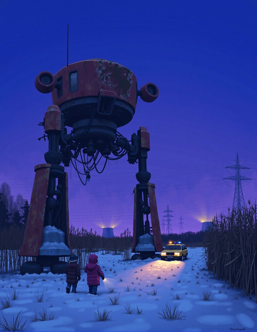 Simon Stalenhag Style,  A rusted bipedal robot stands abandoned in a snow-covered Swedish cornfield at dusk. The mechanica...