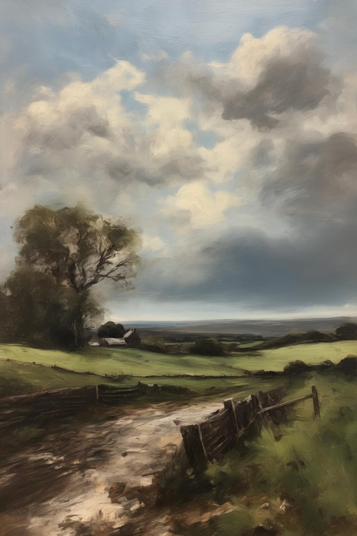 John Constable Style - A 19th century tonalist landscape oil painting of a rural west of ireland landscape with a farm and...