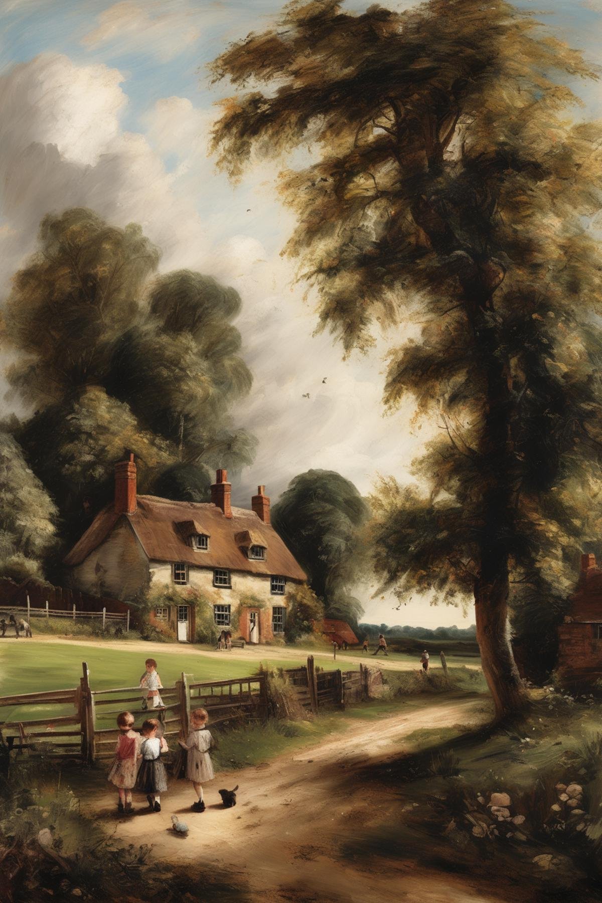 John Constable Style - A landscape painting in the style of John Constable,  highlighting a quiet rural scene on a warm su...