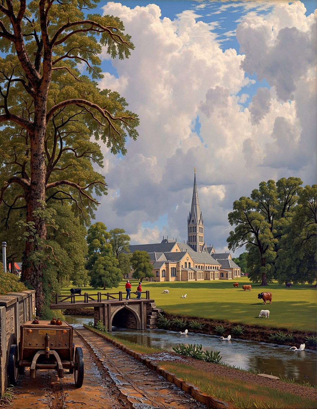 John Constable Style,  Salisbury Cathedral rises majestically beyond water meadows where cattle graze peacefully among anc...