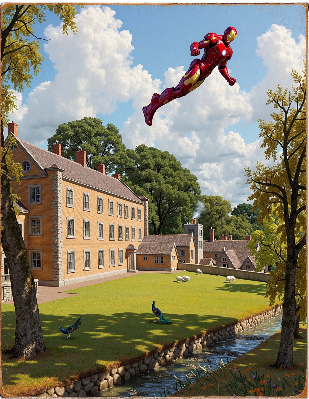 John Constable Style,  Iron Man flies above a quintessential English countryside where his ancestral Stark estate stands a...