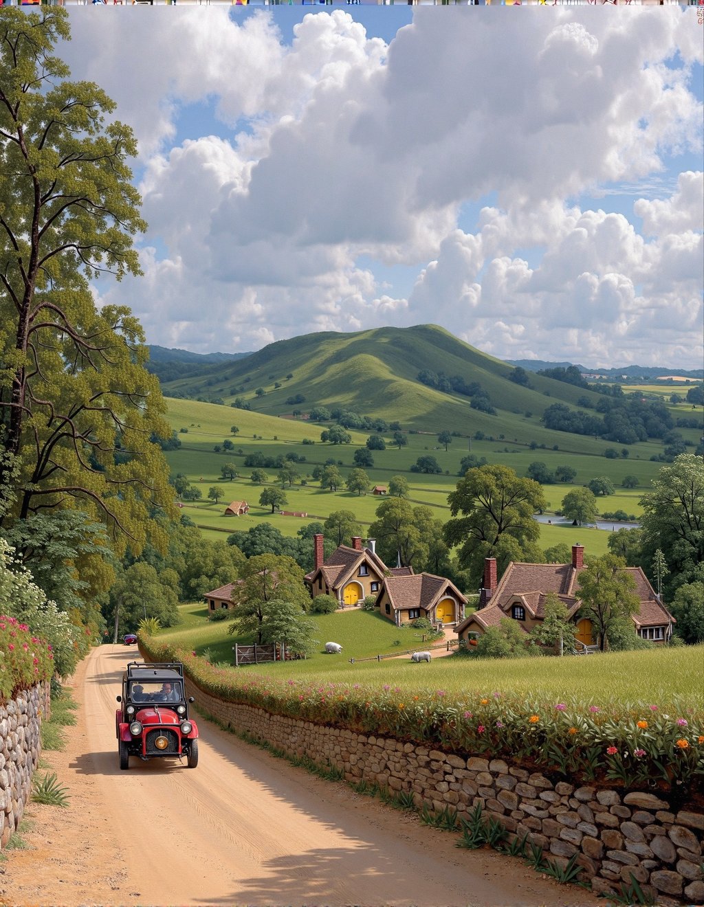 John Constable Style,  Gandalf and Frodo traverse a bucolic Shire landscape where rolling hills are patchworked with field...