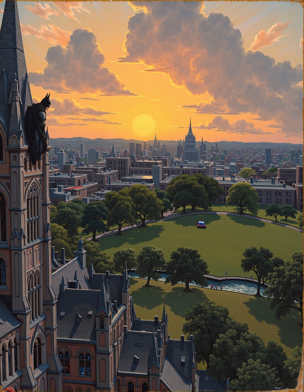 John Constable Style,  Batman surveys Gotham from a Gothic church tower as sunset bathes the city in golden light. The urb...