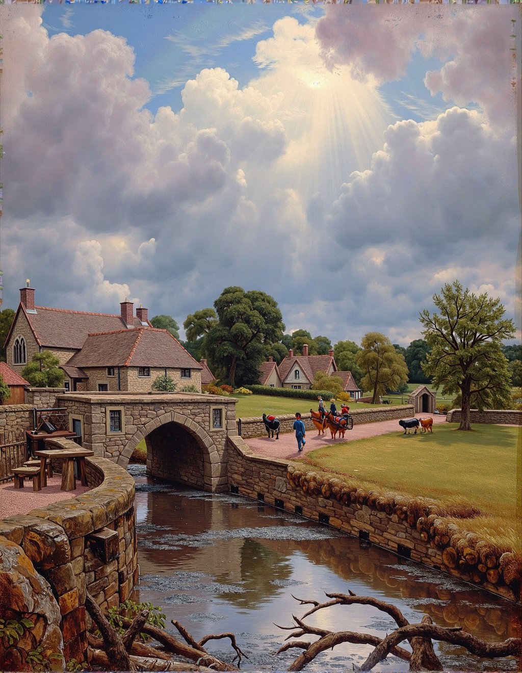 John Constable Style,  A stone bridge spans the rain-swollen river where recent storms have scattered fallen branches alon...