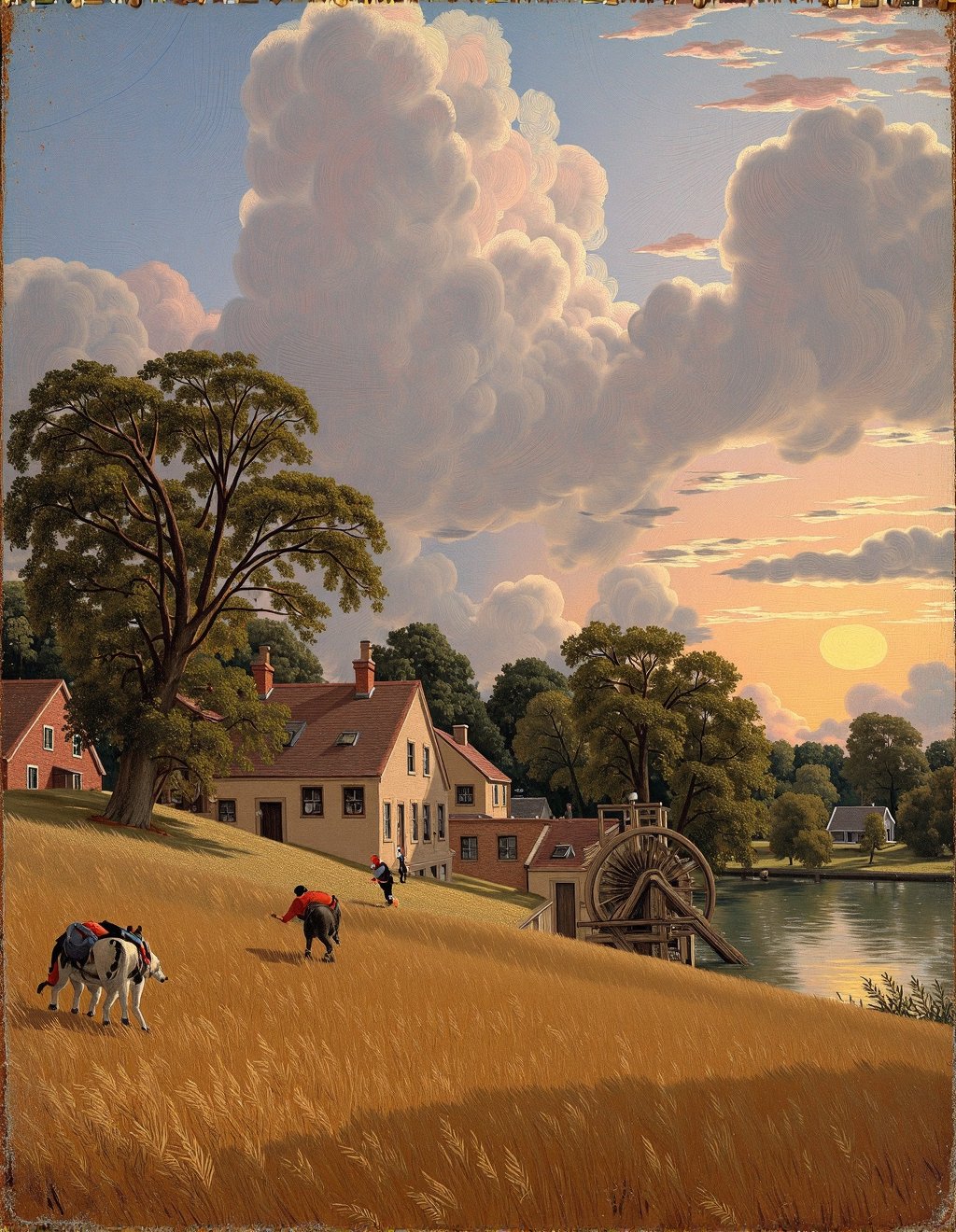 John Constable Style,  Gleaners work the recently harvested wheat field,  stooping to collect forgotten grain as golden ev...