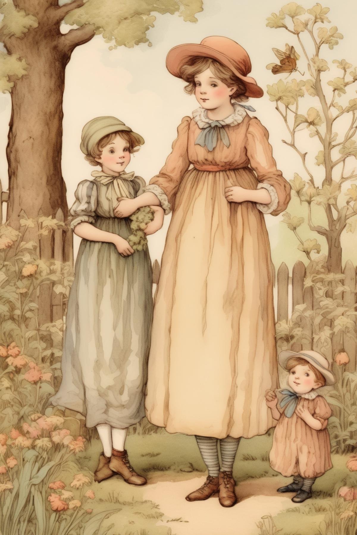 Kate Greenaway Style - Illustration inspired by Kate Greenaway,  depicts scenes of idyllic childhood with children dressed...