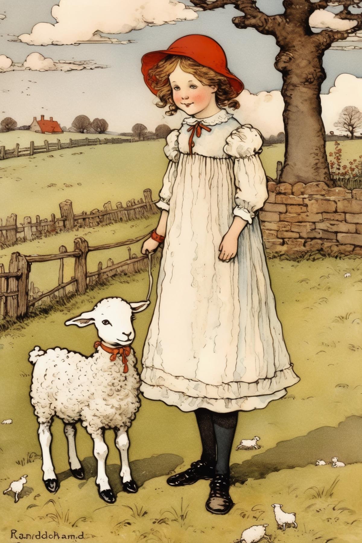 Kate Greenaway Style - Randolph Caldecott print Mary had a little lamb by Kappa_Neuro on Tensor.Art