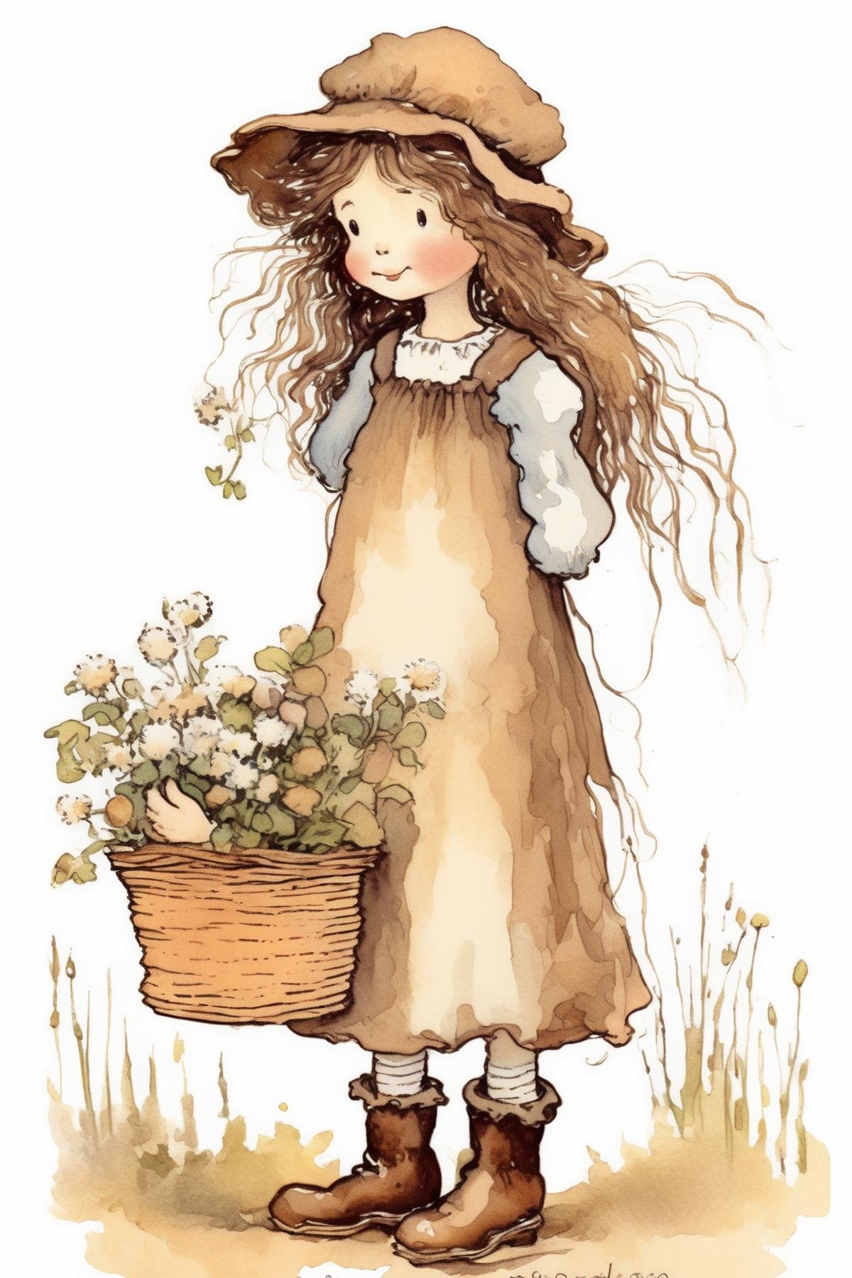 Kate Greenaway Style - adorable and sweet little girl character with long brown unkempt wavy hair. She has a basket of flo...