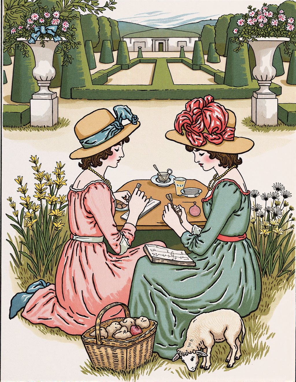 Kate Greenaway Style,  Two companions in Empire-waist gowns of softest pink and mint green sketch wildflowers in a meadow...