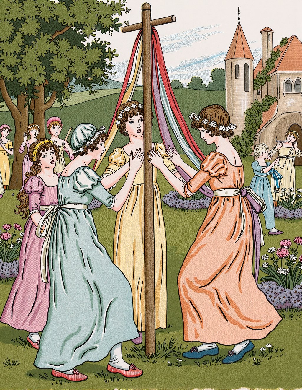 Kate Greenaway Style,  A May Day celebration where village maidens in high-waisted muslin dresses dance around a ribbon-fe...
