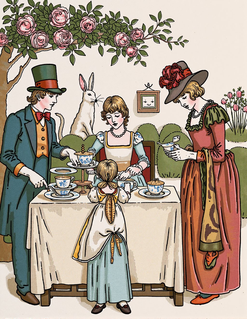Kate Greenaway Style,  Alice in Wonderland reimagined as Victorian garden party where Alice wears traditional Empire-waist...