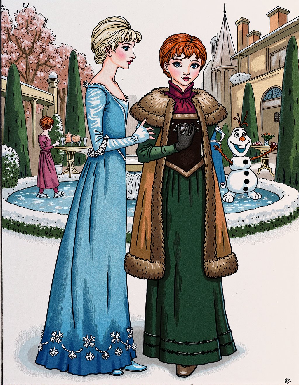 Kate Greenaway Style,  Elsa and Anna from Frozen reimagined in Victorian winter garden where Elsa wears Empire-waist dress...