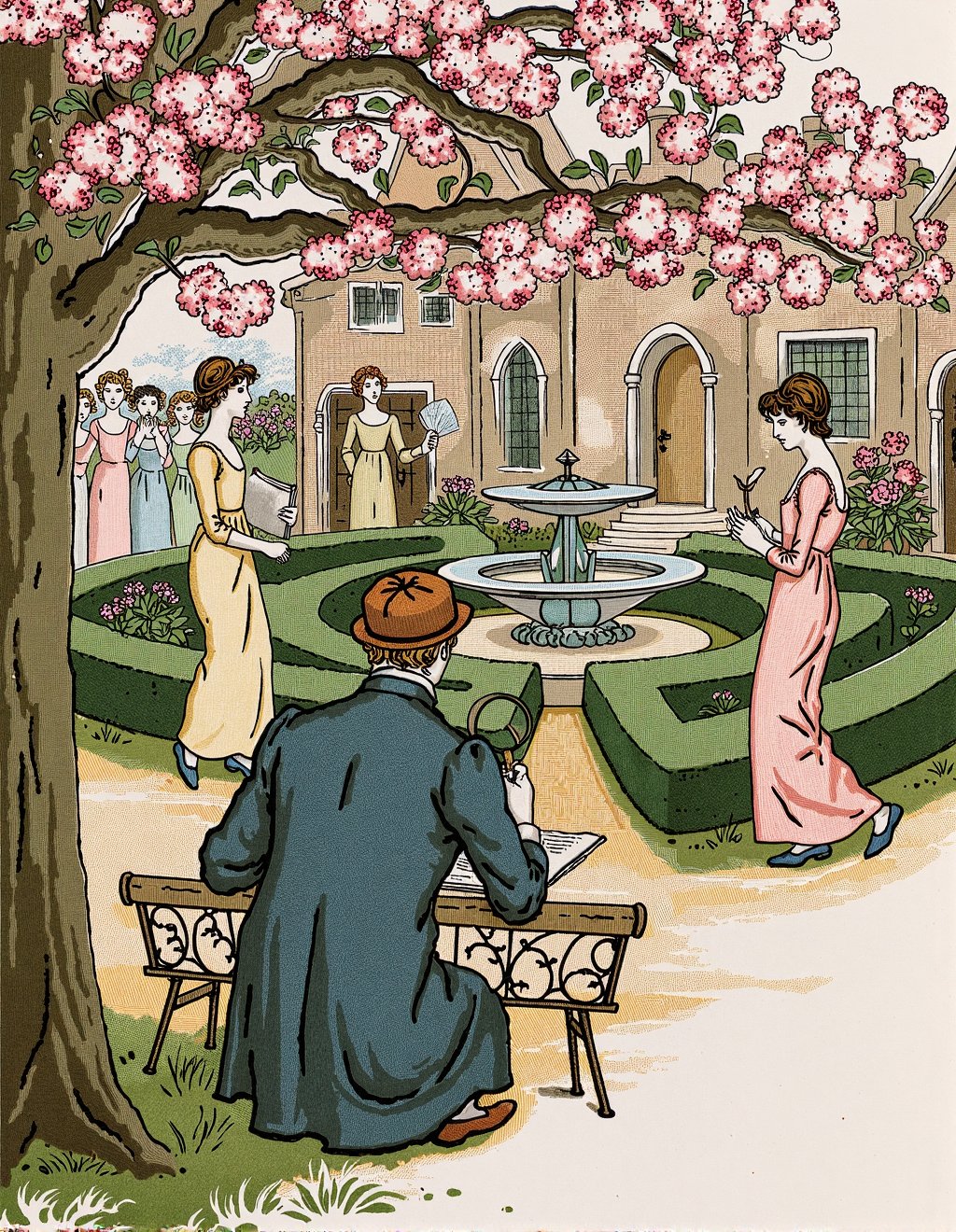 Kate Greenaway Style,  Sherlock Holmes investigates mystery in formal Victorian garden where detective wears traditional f...