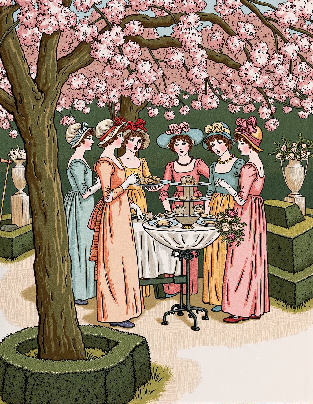 Kate Greenaway Style,  A genteel garden party where ladies in Empire-line dresses of soft pastels gather beneath flowering...