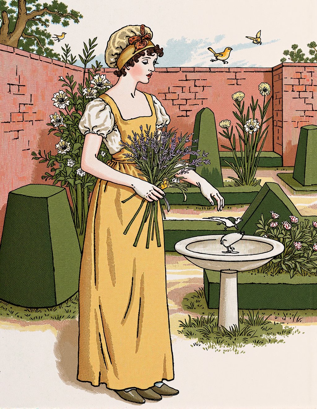 Kate Greenaway Style,  A young woman in high-waisted gown of palest yellow gathers herbs in a kitchen garden surrounded by...