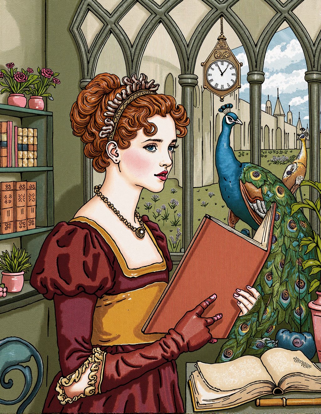 Kate Greenaway Style,  Hermione Granger studies magical herbology in Victorian greenhouse where her Hogwarts uniform has t...