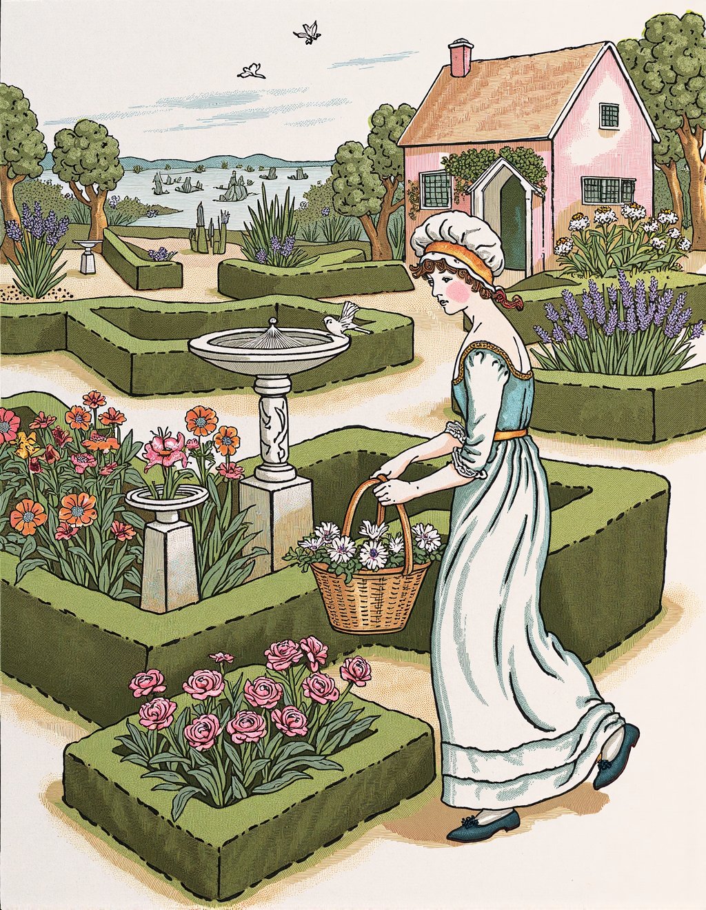 Kate Greenaway Style,  A young woman in a high-waisted empire dress of palest blue tends a formal garden where hollyhocks...