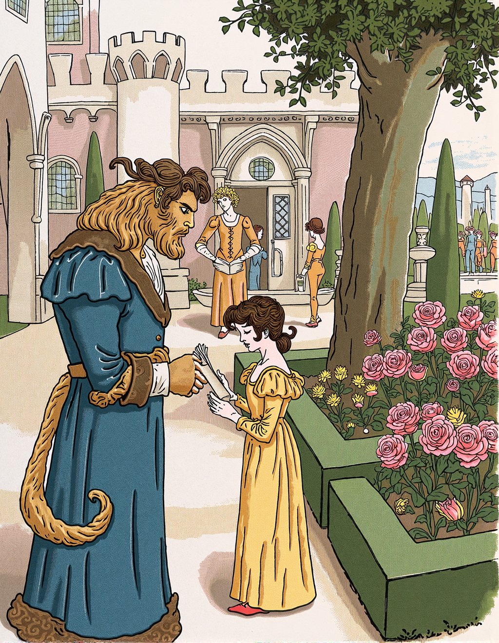 Kate Greenaway Style,  Belle from Beauty and the Beast reads in formal castle garden where her peasant attire has transfor...