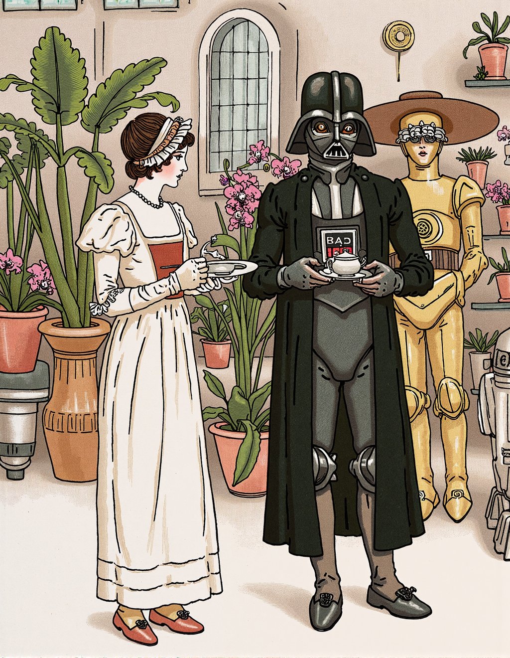 Kate Greenaway Style,  Star Wars characters attend Victorian botanical exhibition where Princess Leia wears Empire-waist d...