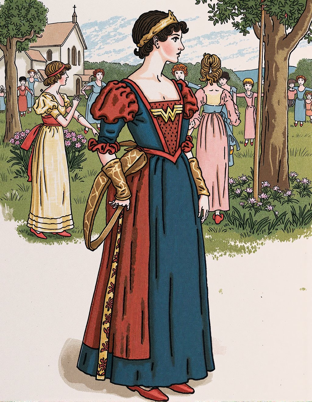 Kate Greenaway Style,  Wonder Woman attends Victorian May Day festival where she stands out in patriotic Empire-waist dres...
