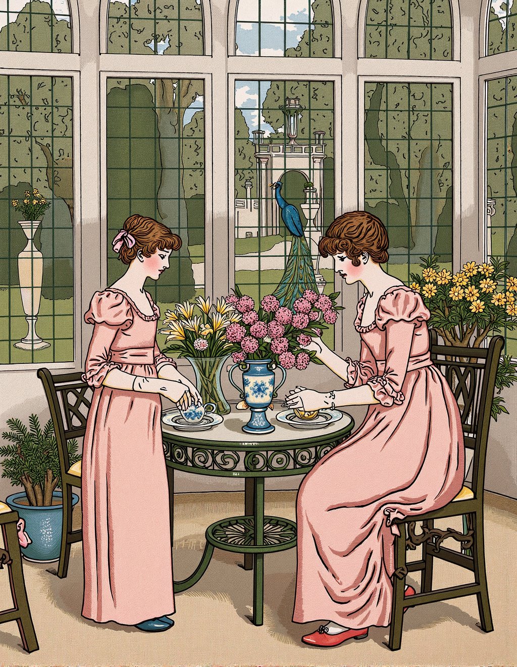 Kate Greenaway Style,  Sisters in matching Empire-line dresses of blush pink arrange spring flowers in a sun-drenched cons...