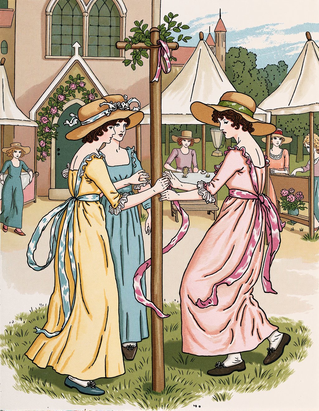 Kate Greenaway Style,  A village fete where ribbon-bedecked dancers perform traditional maypole dance on emerald green. Th...