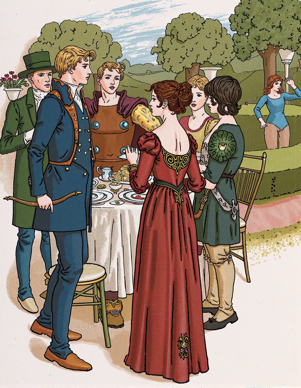 Kate Greenaway Style,  The Avengers reimagined as genteel garden party where heroes in Regency attire take afternoon tea....