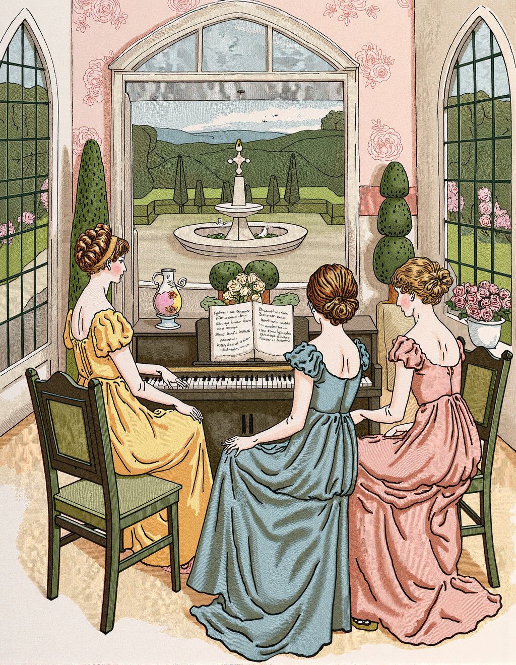 Kate Greenaway Style,  A musical afternoon where companions in high-waisted dresses gather around pianoforte in drawing ro...