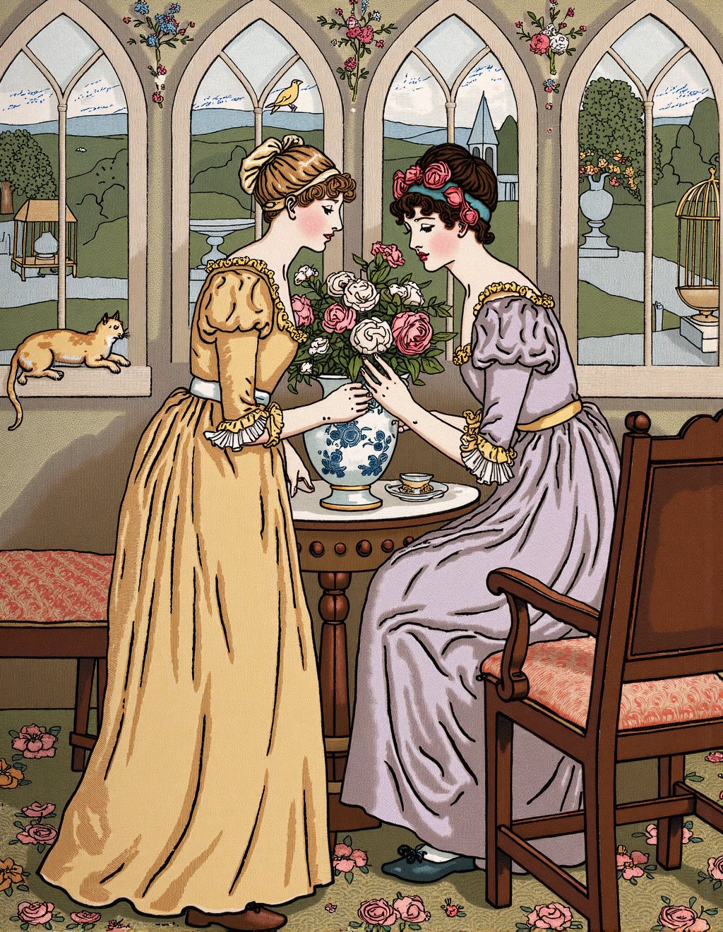 Kate Greenaway Style,  Two companions in Regency dresses of palest yellow and lavender arrange flowers in a formal parlor....