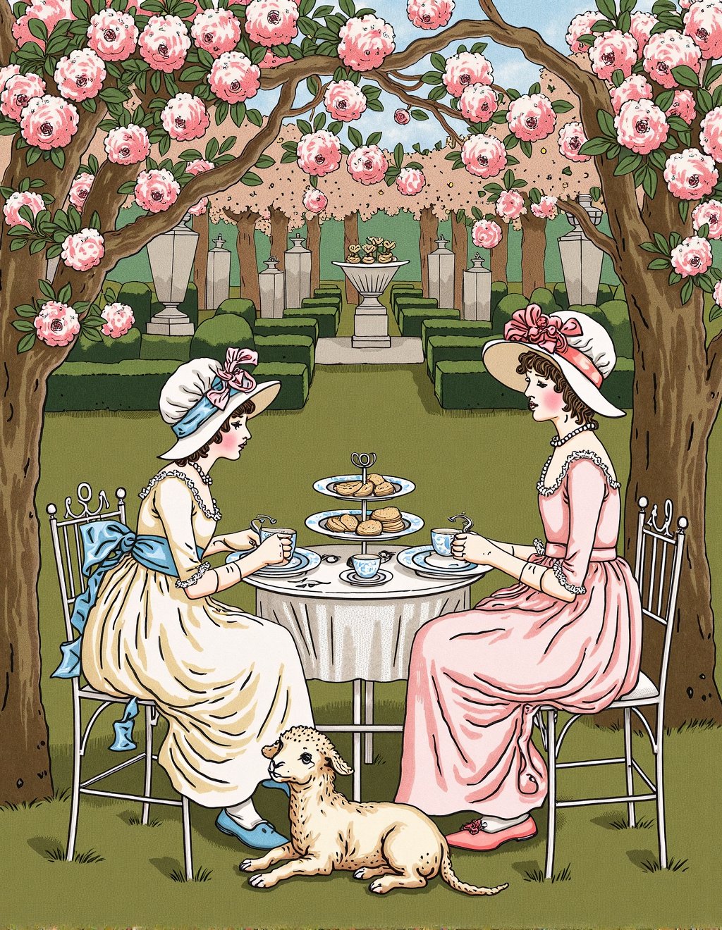 Kate Greenaway Style,  A tea party set in a blooming apple orchard where three maidens in Empire-waist dresses of soft pin...