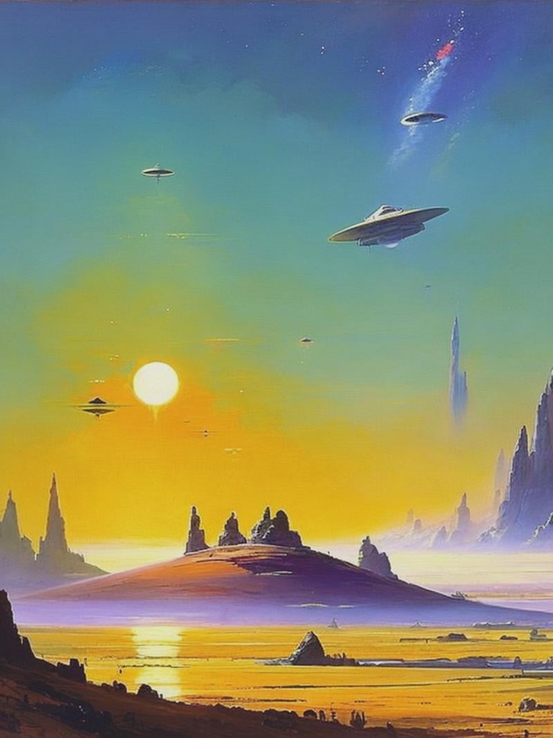 a painting showing a flying saucer with spaceships over a barren extraterrestrial landscape,  sense of otherworldly myster...