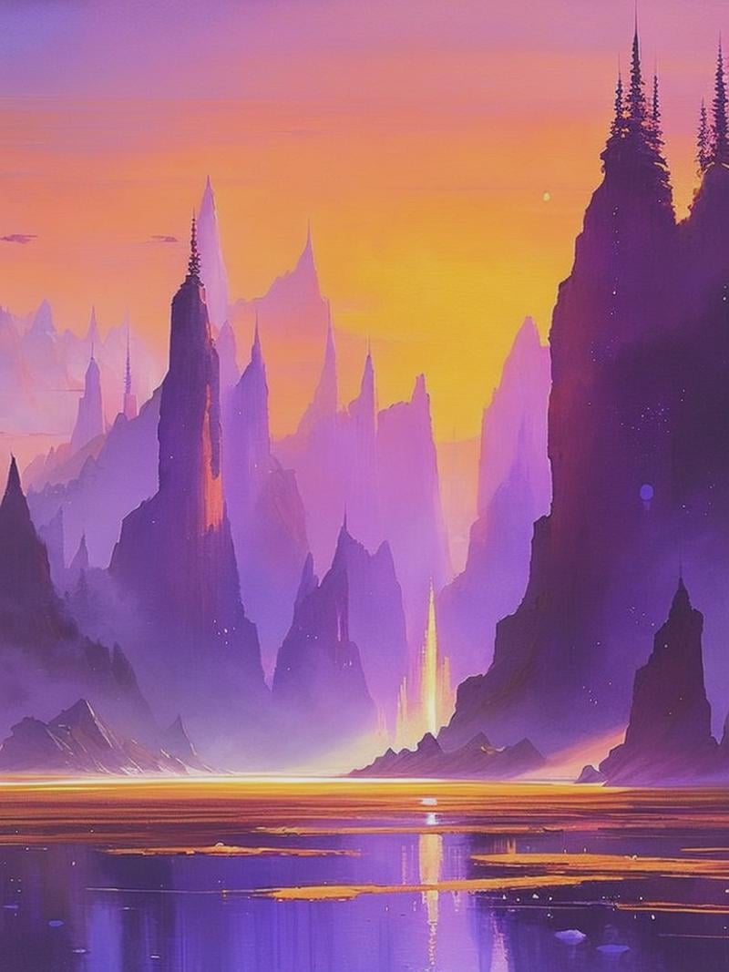 a painting of a fantasy island in watercolor colors,  in the style of light magenta and light amber,  john harris by Kappa...