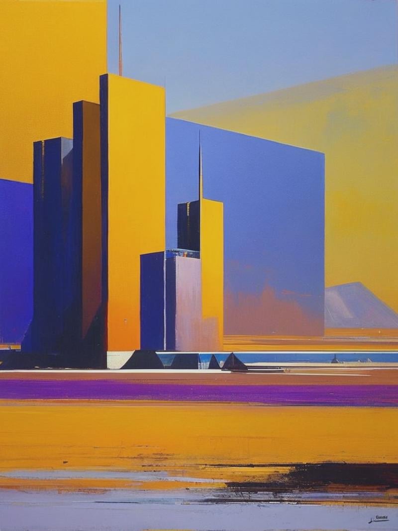 an abstract impressionist painting by John Harris of a contemporary well designed housing development in Cape town,  color...