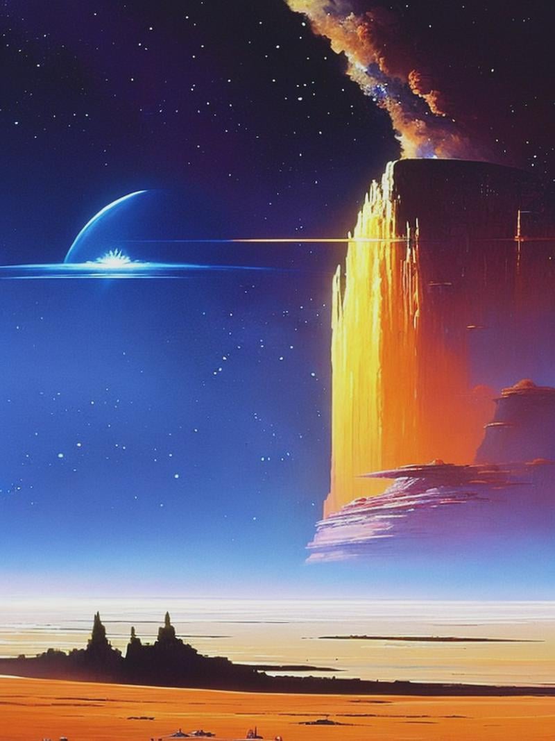 distant view of alien space dreadnought and nebula from the 1997 science fiction novel The Fifth Element,  john harris by...